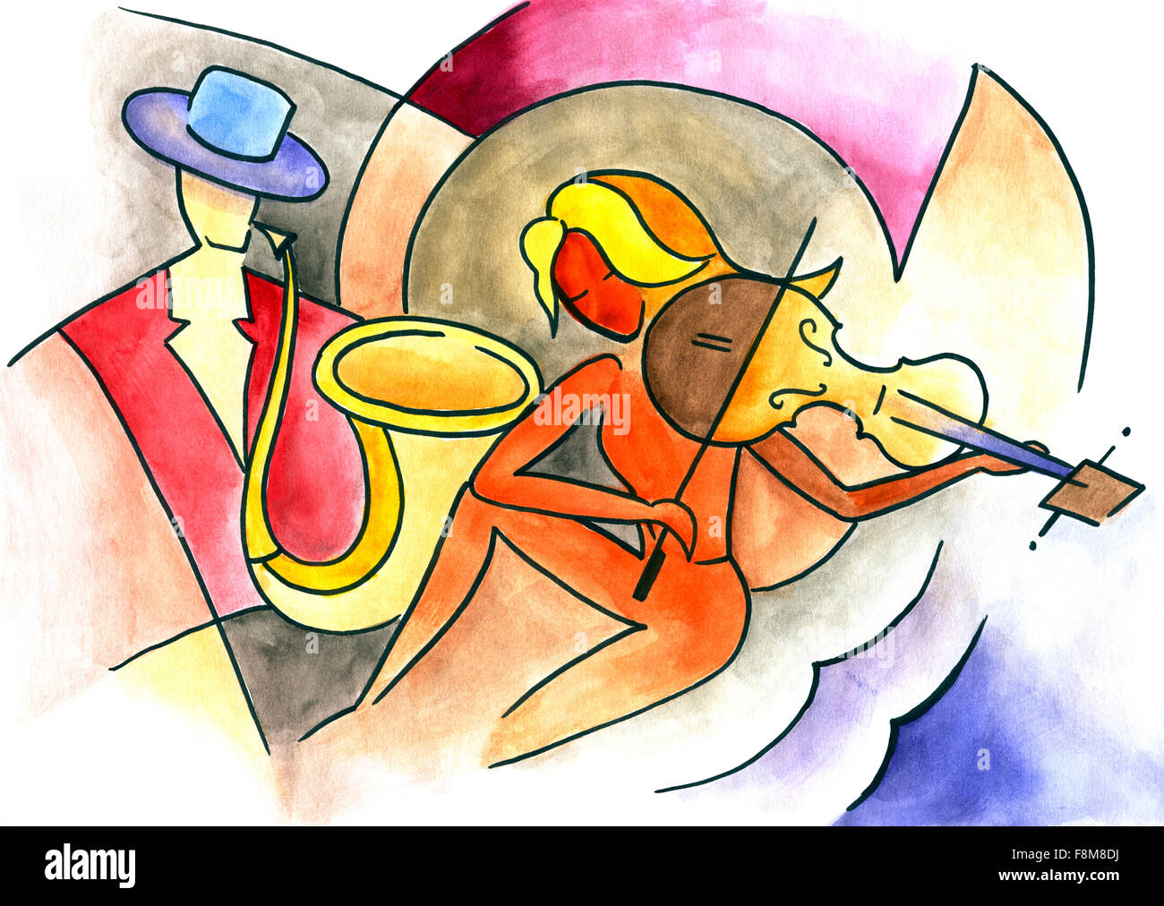 Illustration musicale dans un style moderne avec le saxophoniste mâle et femelle sur le violoniste abstract background. Banque D'Images