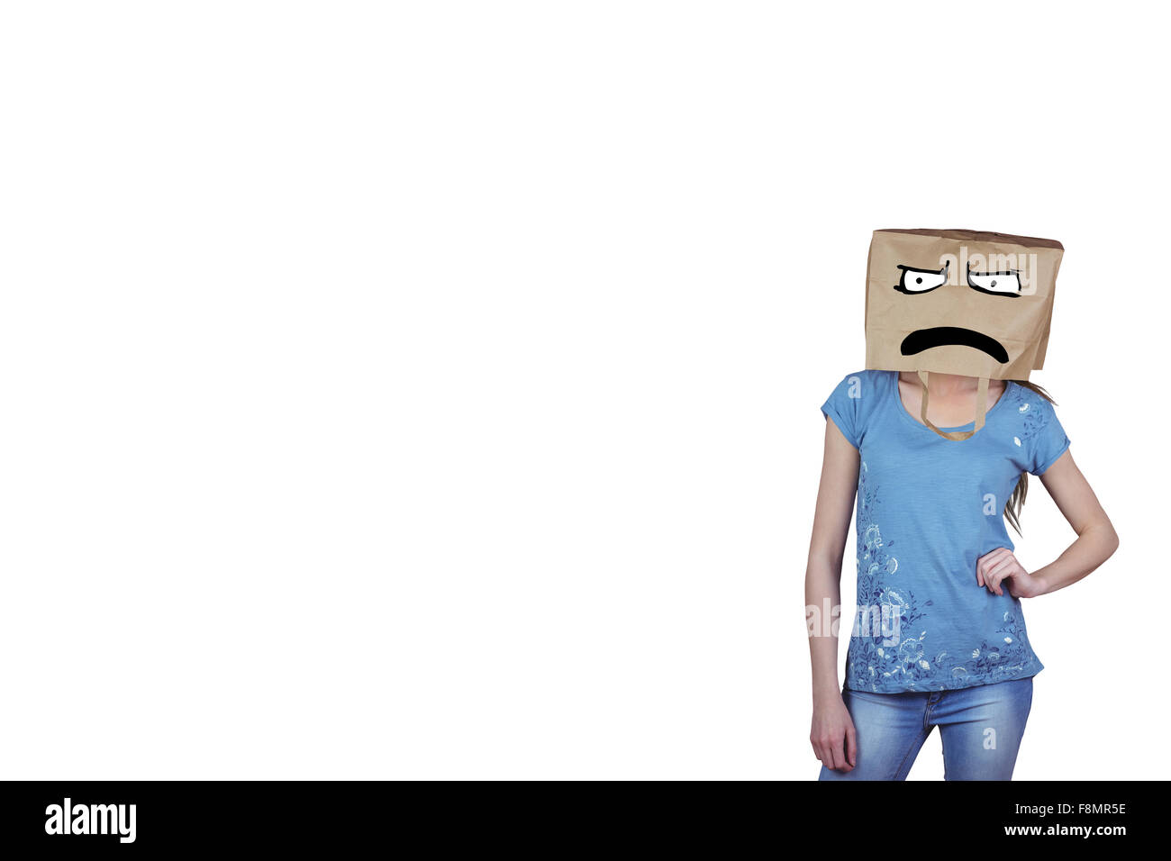 Image composite de Dame posant avec un sac sur la tête Banque D'Images