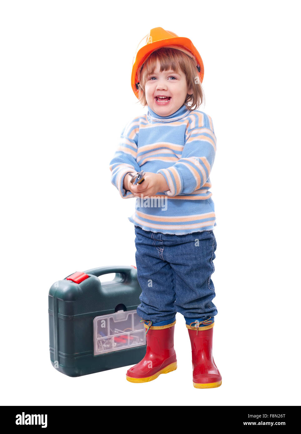 Happy 2 ans enfant in hardhat avec outils de travail. Isolated over white Banque D'Images