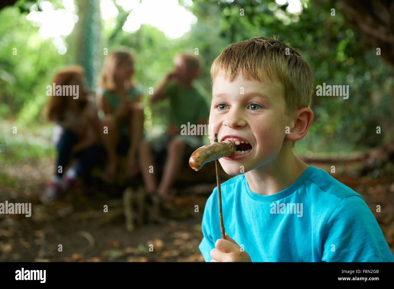 Groupe d'enfants de manger les saucisses dans le camp des bois Banque D'Images