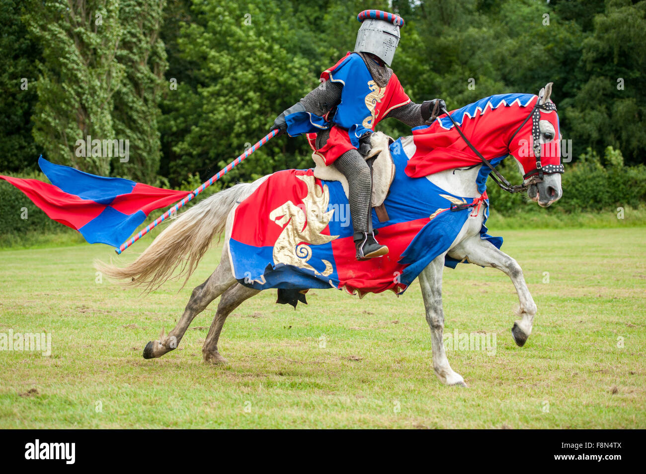 Chevalier médiéval sur un cheval avec le drapeau Banque D'Images