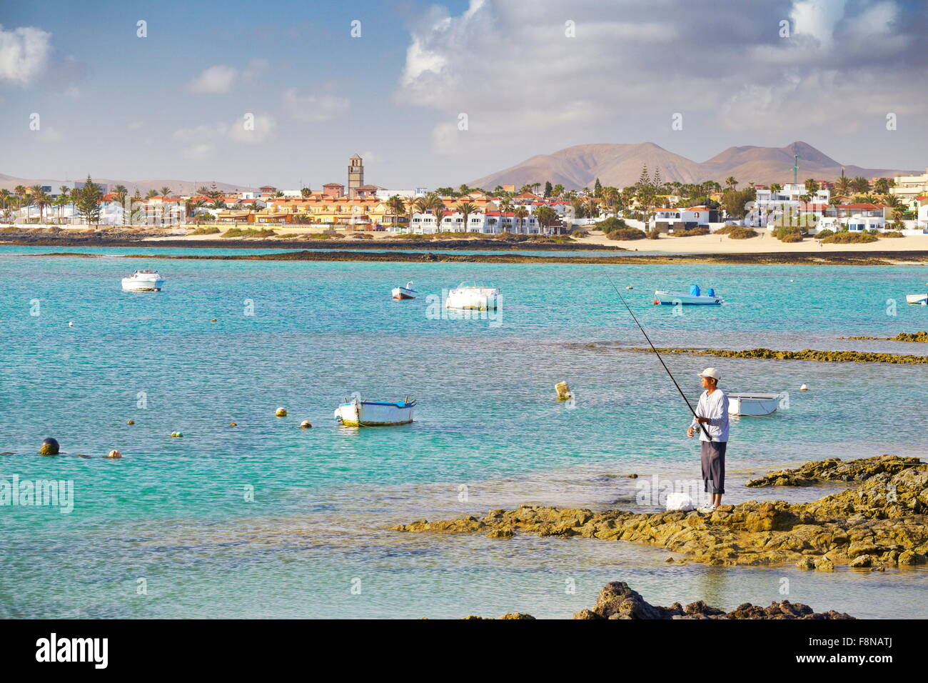 L'île de Fuerteventura, vue à partir de la marina à Corralejo, Espagne, Îles Canaries Banque D'Images