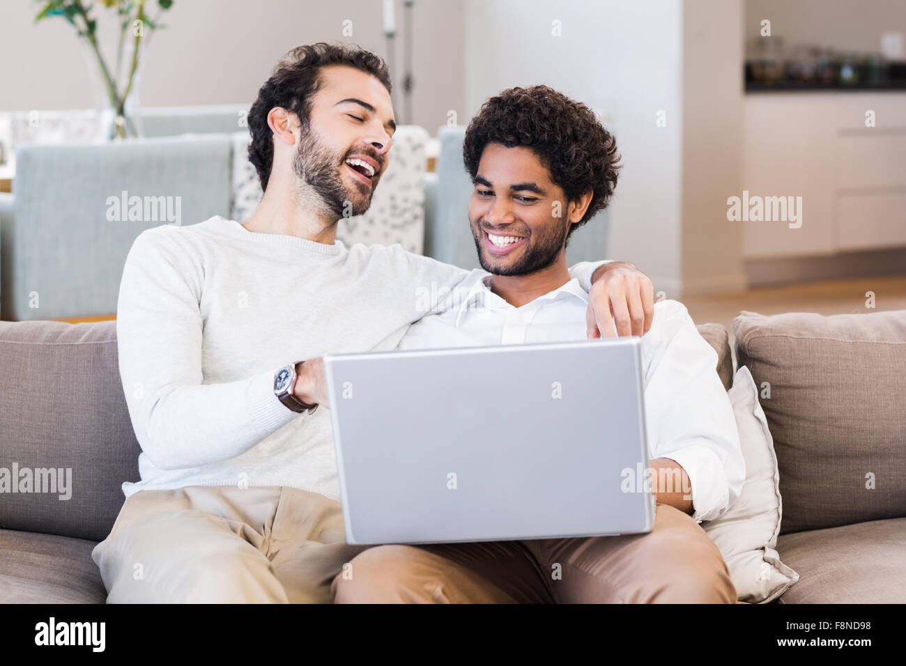 Happy gay couple using laptop Banque D'Images