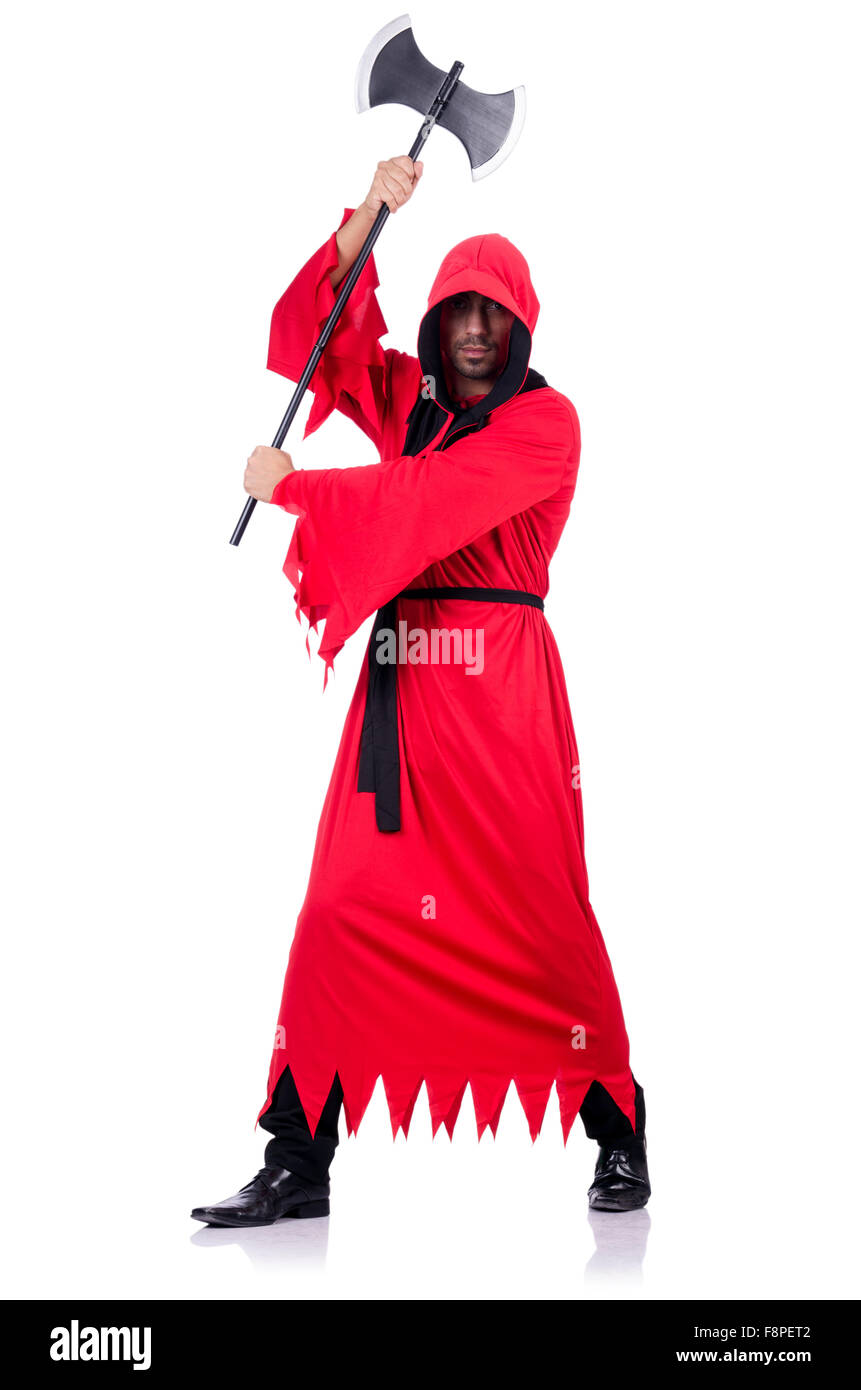 Bourreau en costume rouge avec ax on white Banque D'Images