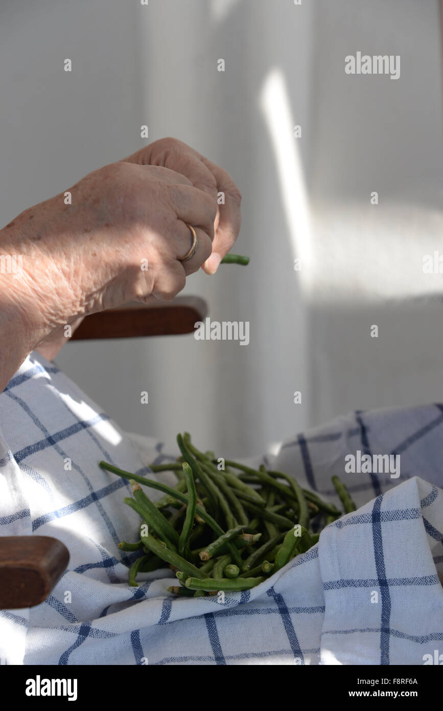 Femme préparant les haricots verts Banque D'Images