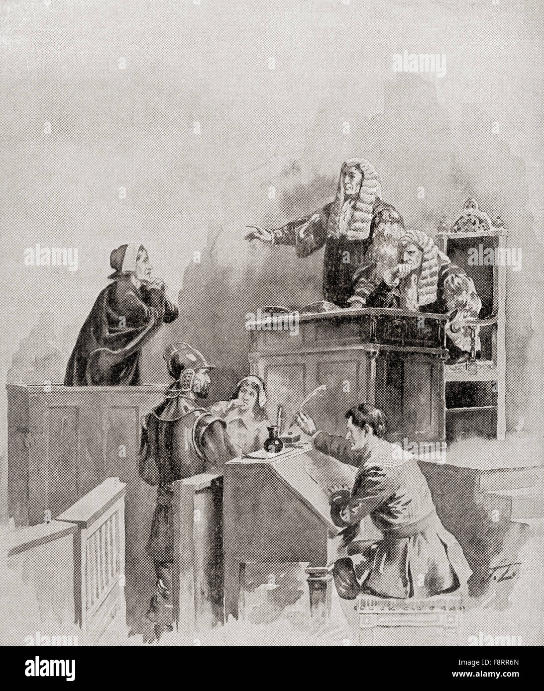 Une scène dans la salle d'audience pendant le procès des sorcières de Salem de 1692. Banque D'Images