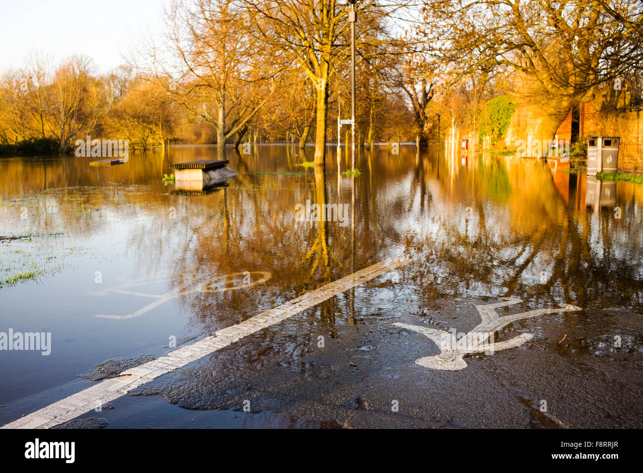 Le nouveau chemin Riverside à pied bloqué par l'eau de l'inondation près du Millenium Bridge, ville de York, Yorkshire, Angleterre, Royaume-Uni Banque D'Images