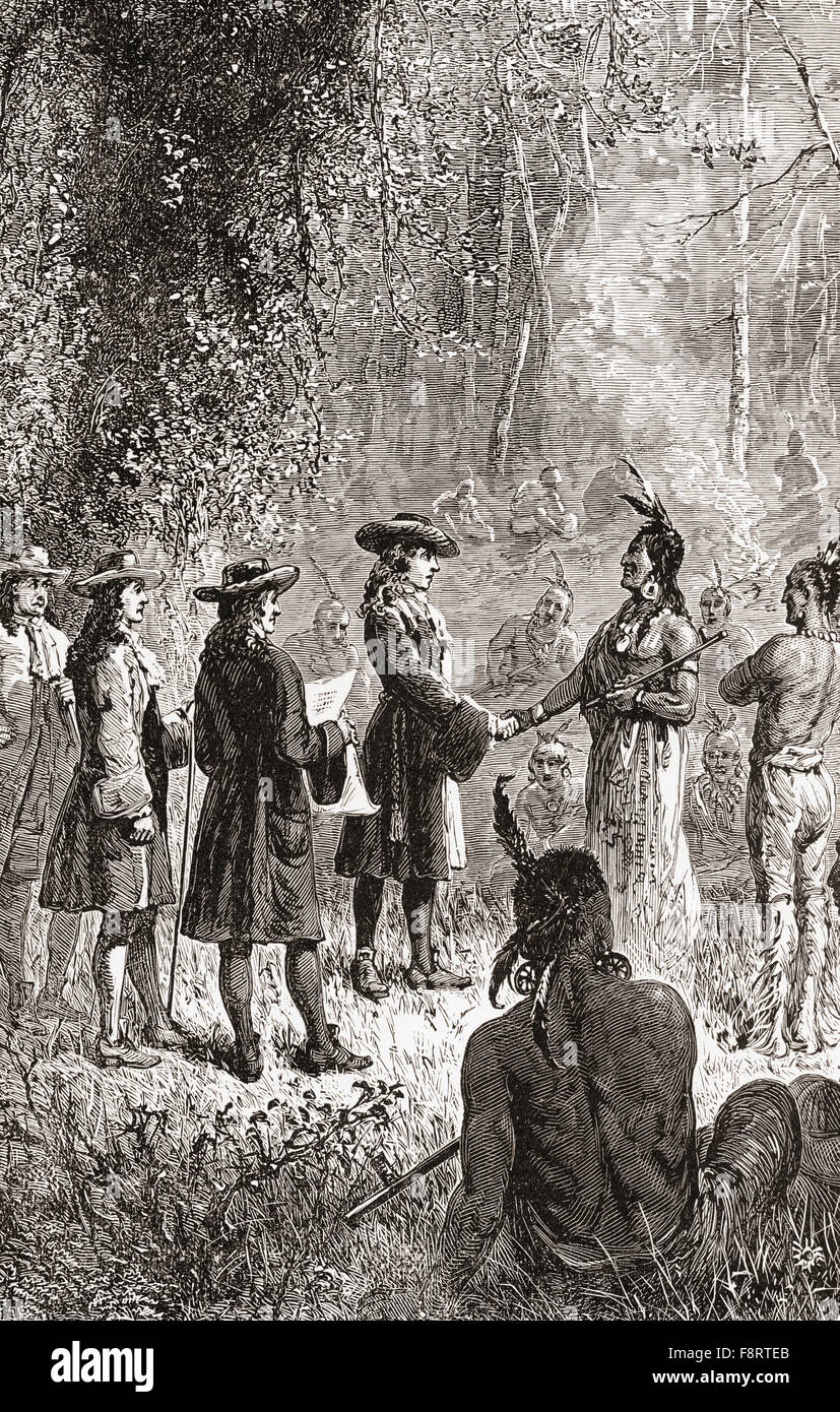 William Penn est traité avec les Lenapes indiens des États-Unis en 1681. William Penn, 1644 - 1718. Anglais entrepreneur immobilier, philosophe, début de Quaker et fondateur de la province de Pennsylvanie, la colonie d'Amérique du Nord. Banque D'Images
