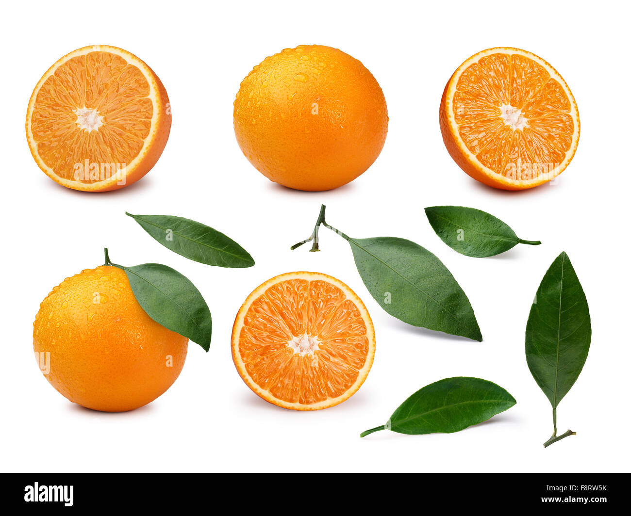 Jeu d'oranges entières et des moitiés de feuilles. Profondeur de champ infinie, chemins de détourage séparé pour les objets et les ombres Banque D'Images