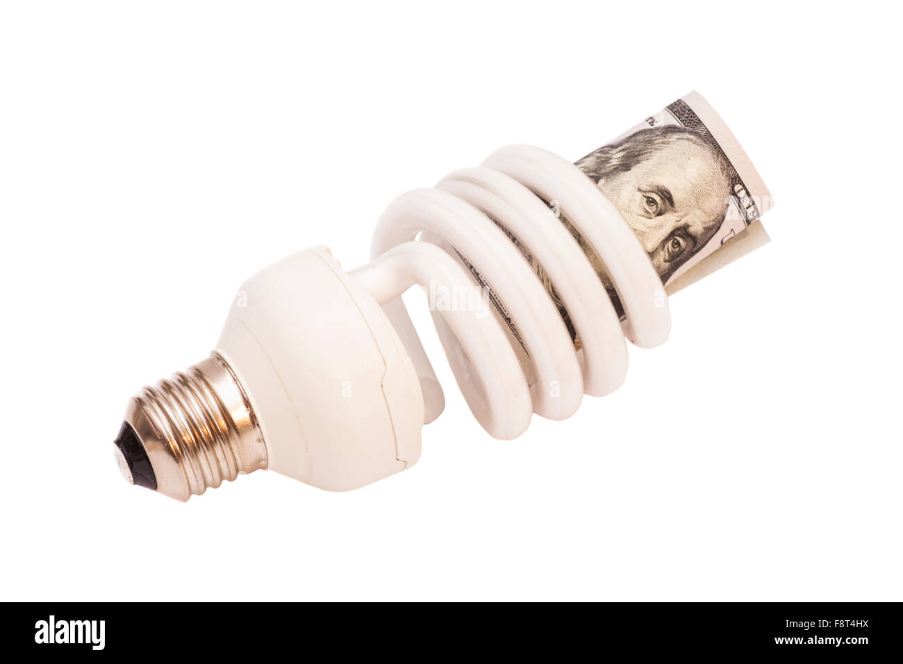 Ampoule à économie d'énergie 100 dollar bills sur fond blanc Banque D'Images