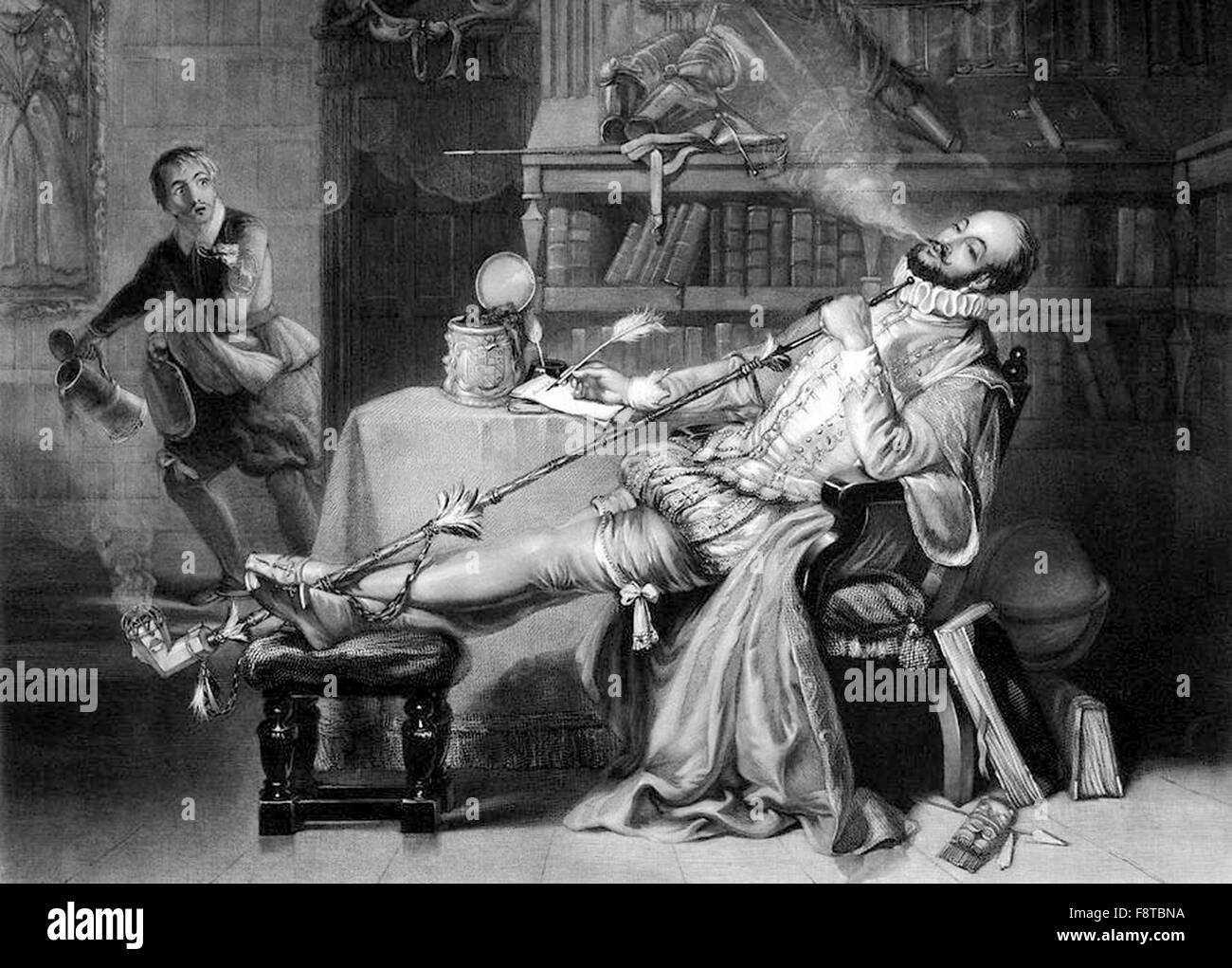 Sir Walter Raleigh fumer du tabac d'une pipe en Angleterre Banque D'Images
