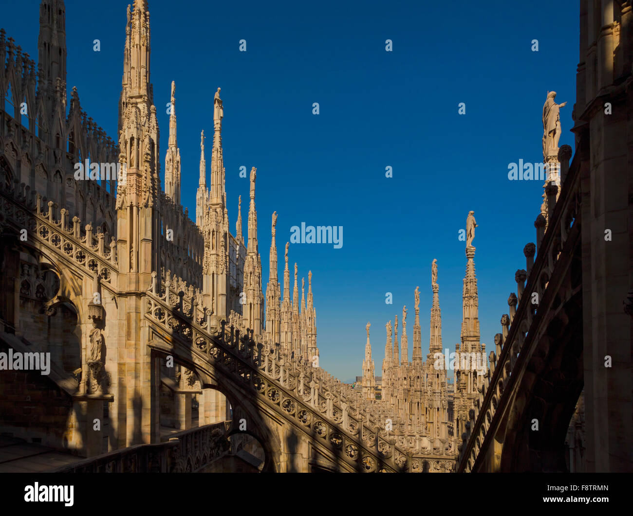 La province de Milan, Milan, Lombardie, Italie. spires sur le toit du Duomo, ou la cathédrale. Banque D'Images