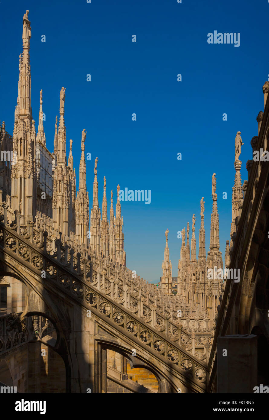 La Province de Milan, Milan, Lombardie, Italie. Spires sur le toit du Duomo, ou la cathédrale. Banque D'Images