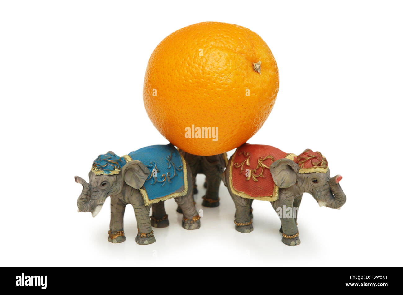 Trois éléphants holding orange isolated on white Banque D'Images