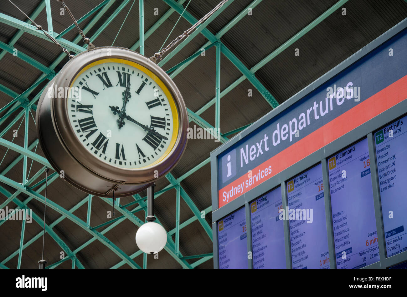 Analogique et numérique, l'ancienne horloge de la gare centrale de Sydney à côté du nouveau tableau d'information numérique en Australie Banque D'Images