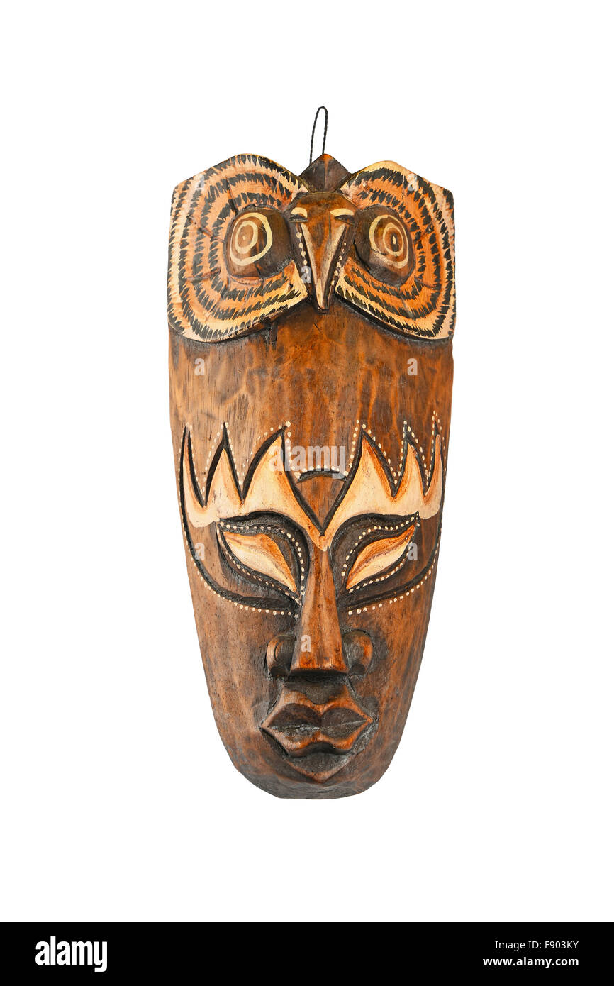 En bois traditionnel asiatique peint en brun avec masque de visage et des terriers isolated on white Banque D'Images