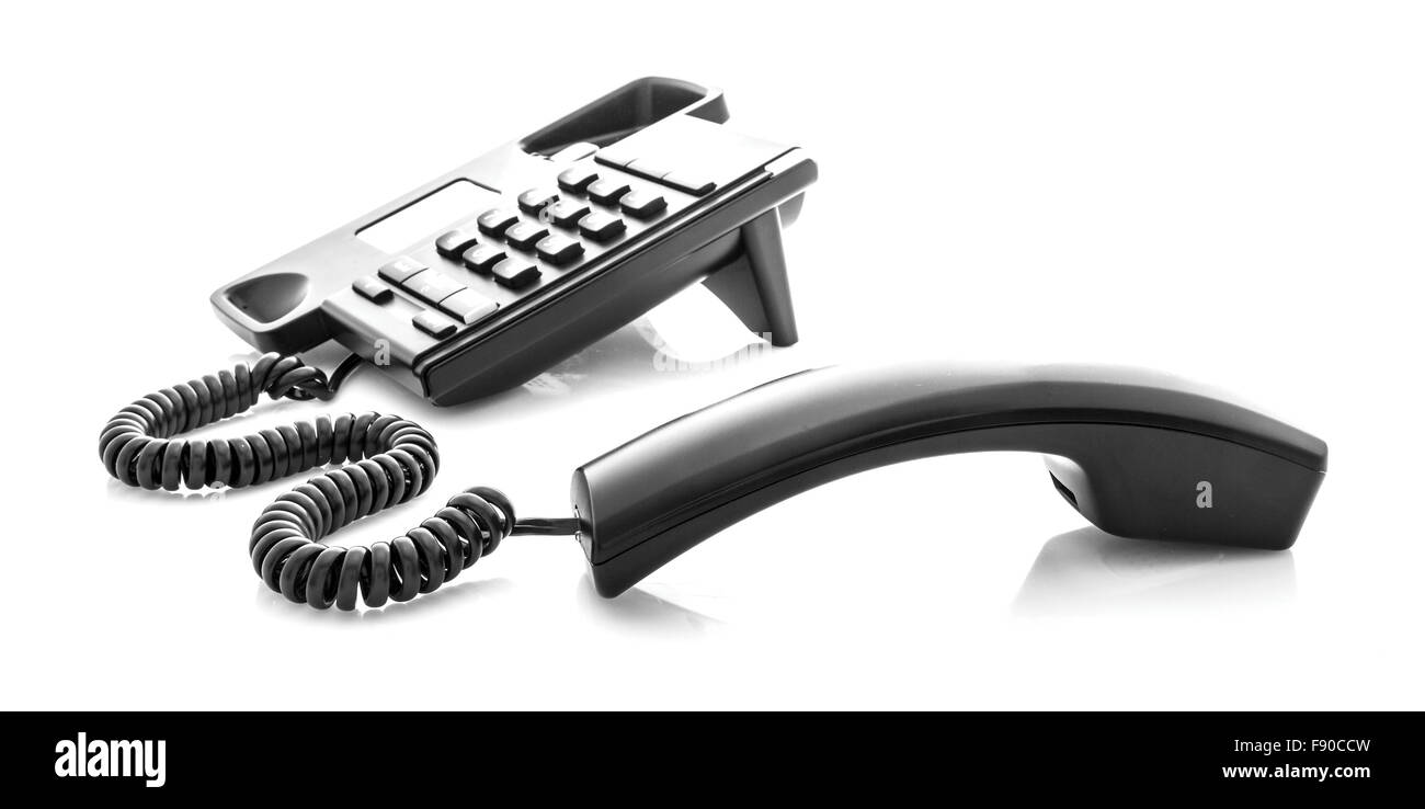 Combiné téléphonique moderne noir sur blanc Banque D'Images