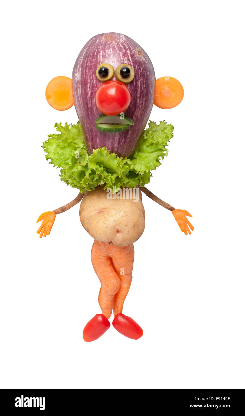 Funny clown fait de légumes sur fond isolé Banque D'Images