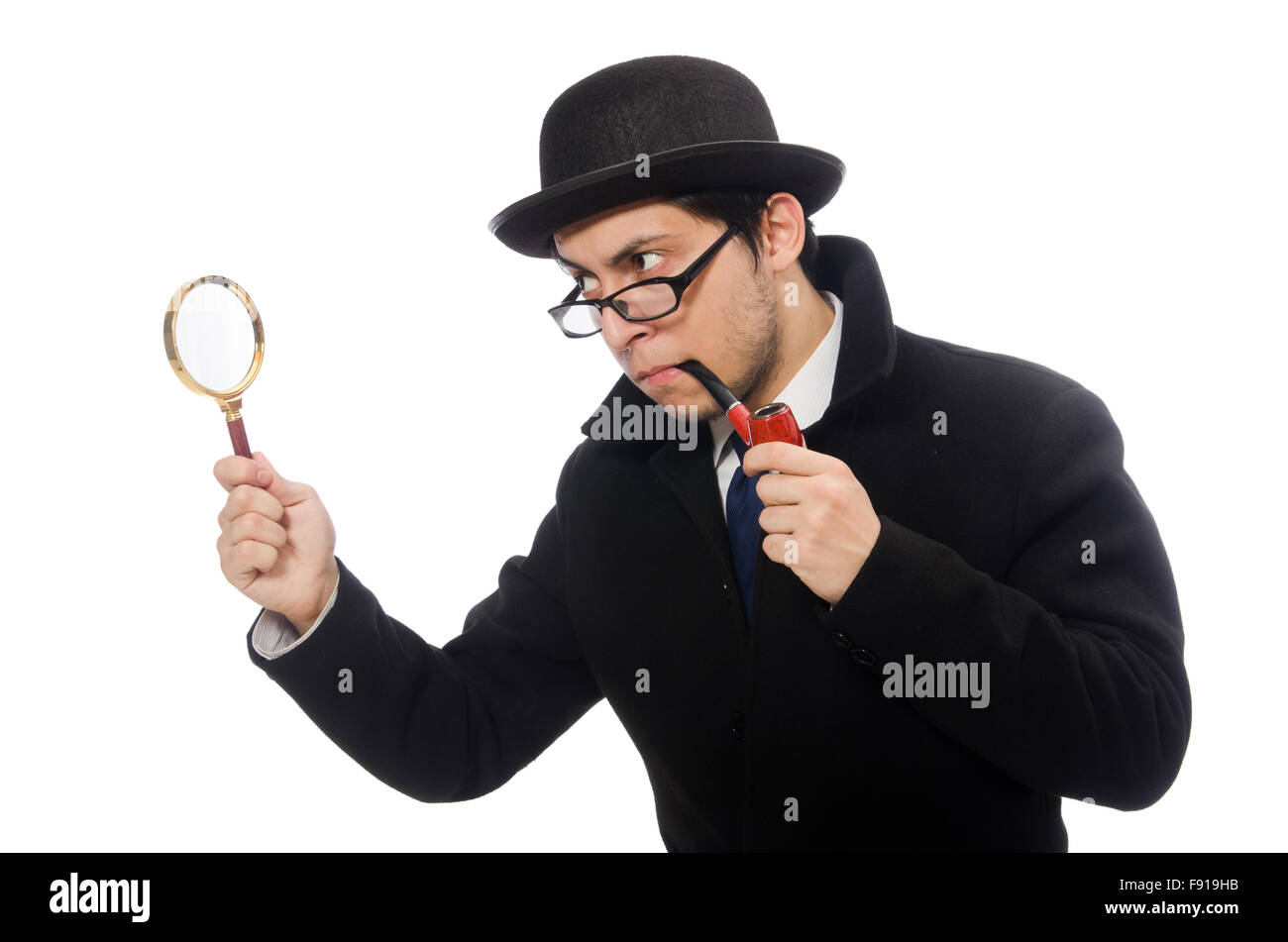 Sherlock Holmes avec loupe isolated on white Photo Stock - Alamy