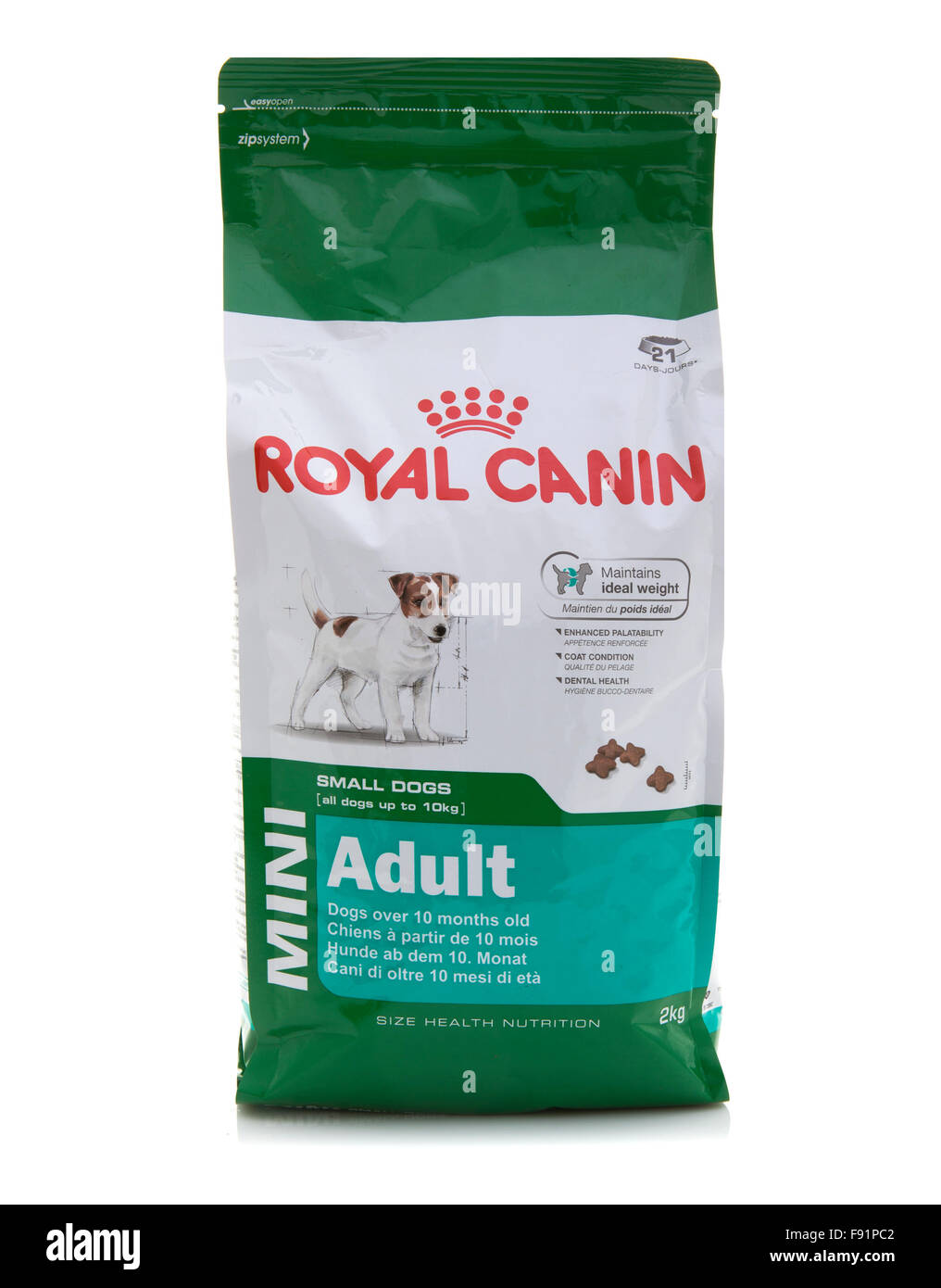Pack de 2 kg de Royal Canin Mini pour chien adulte sur un fond blanc Banque D'Images