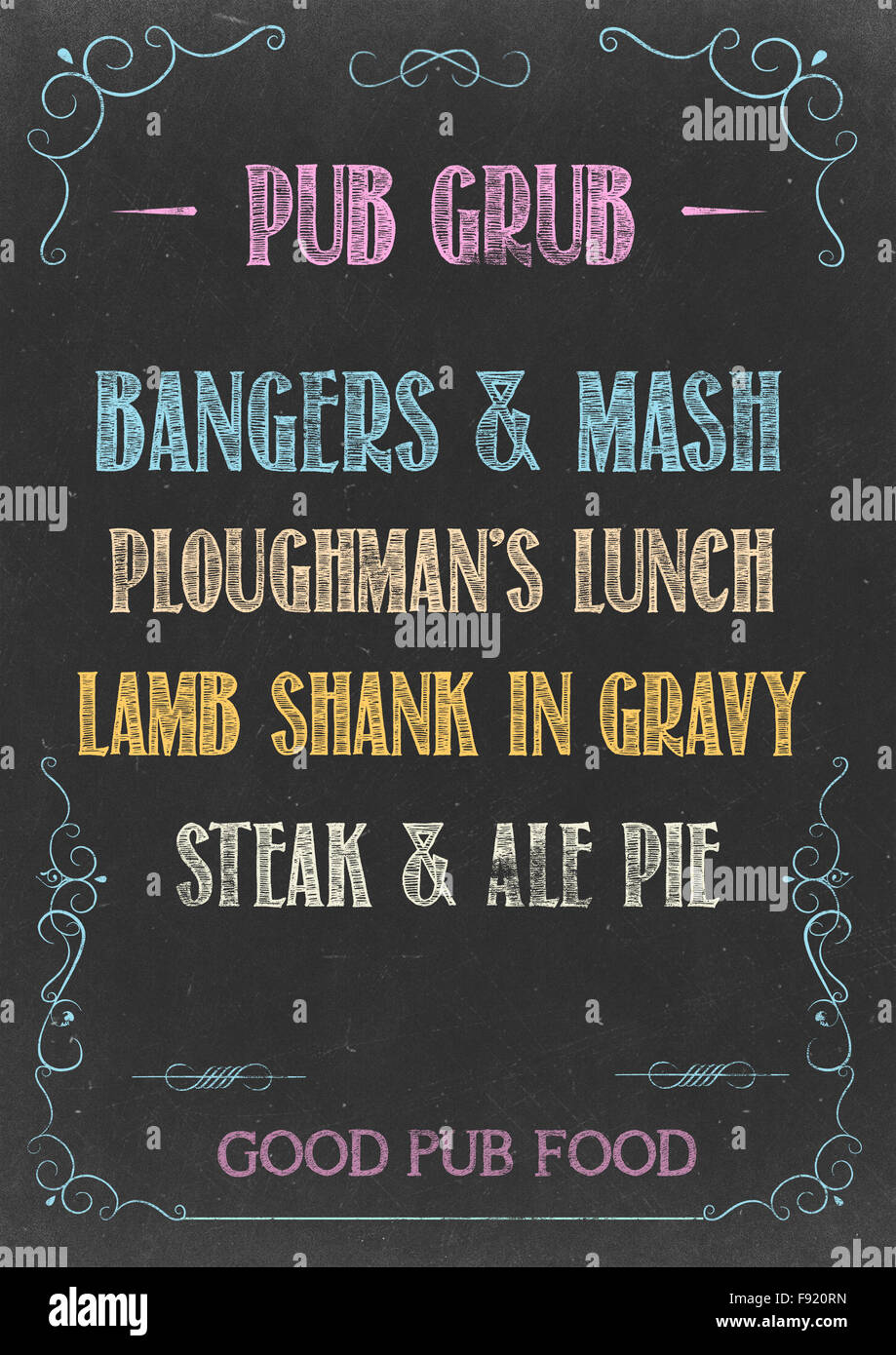 Tableau sur "PUB GRUB MENU' à la main dans les craies Banque D'Images