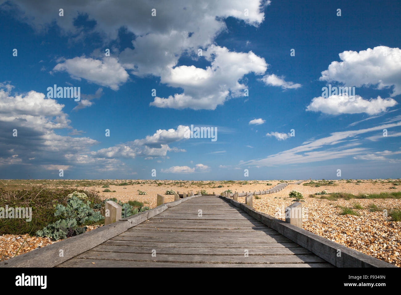 Promenade en bois qui mène à la plage de galets à Dungeness, Kent, England, UK Banque D'Images