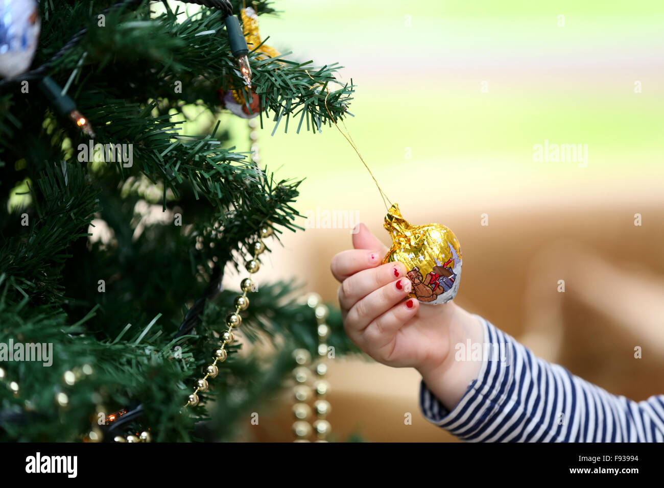 Un enfant tirant un chocolat décoration d'arbre de Noël à partir d'un arbre de Noël decortaed Banque D'Images