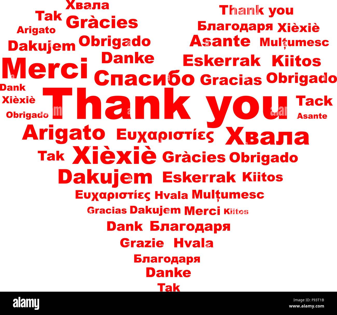 Expression de gratitude "merci" écrit en différentes langues, formant forme de coeur. Illustration de Vecteur