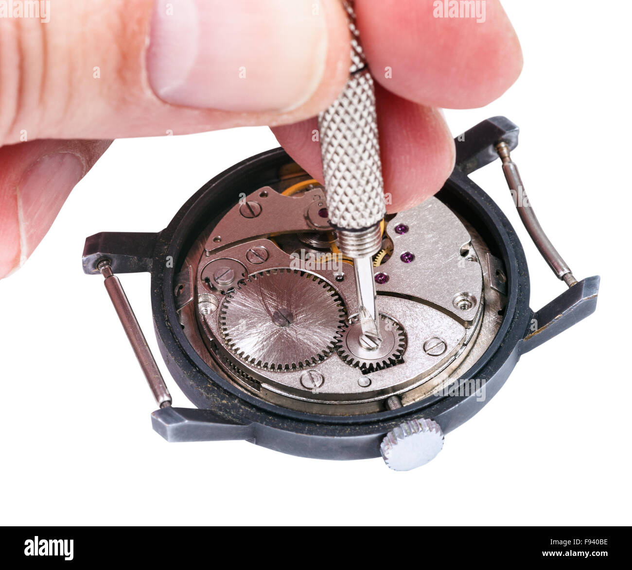 Réglage de la montre-bracelet mécanique ancienne - réparations réparateur watch watch vieux isolé sur fond blanc Banque D'Images