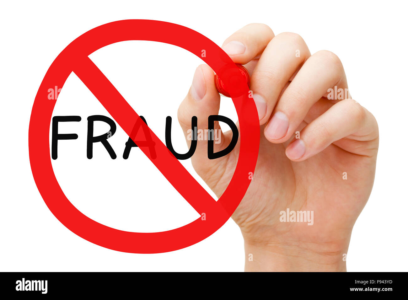 Dessin à la main signe d'interdiction de la fraude concept avec marqueur rouge sur transparent essuyer. Banque D'Images