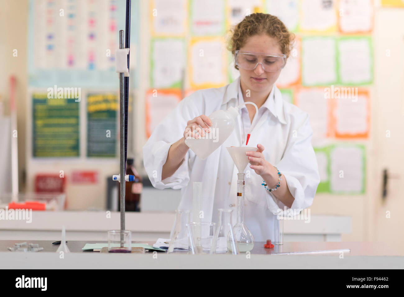 Chimie biologie niveau gcse un étudiant travaillant dans un laboratoire de travaux pratiques. Banque D'Images