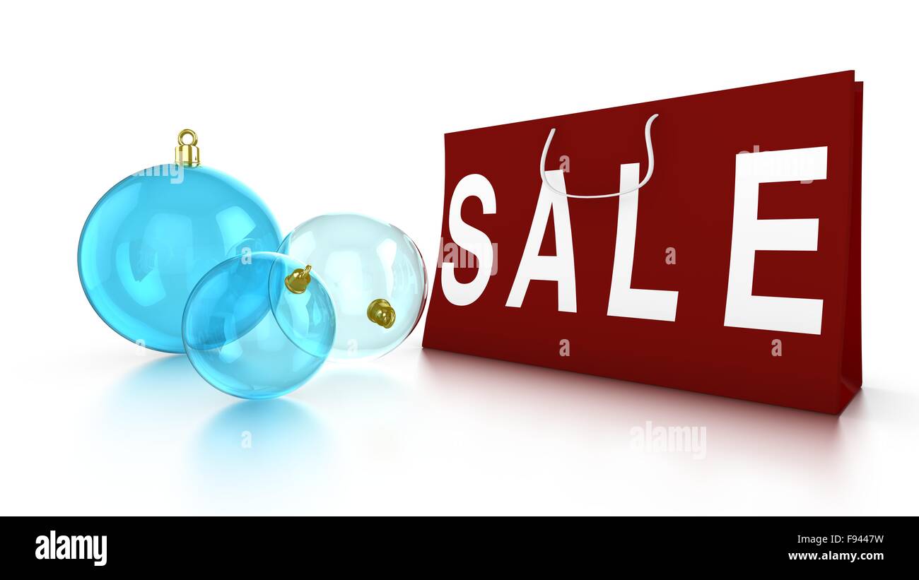 Vente de Noël avec boules bleu et un sac rouge avec écrit dessus vente on white Banque D'Images