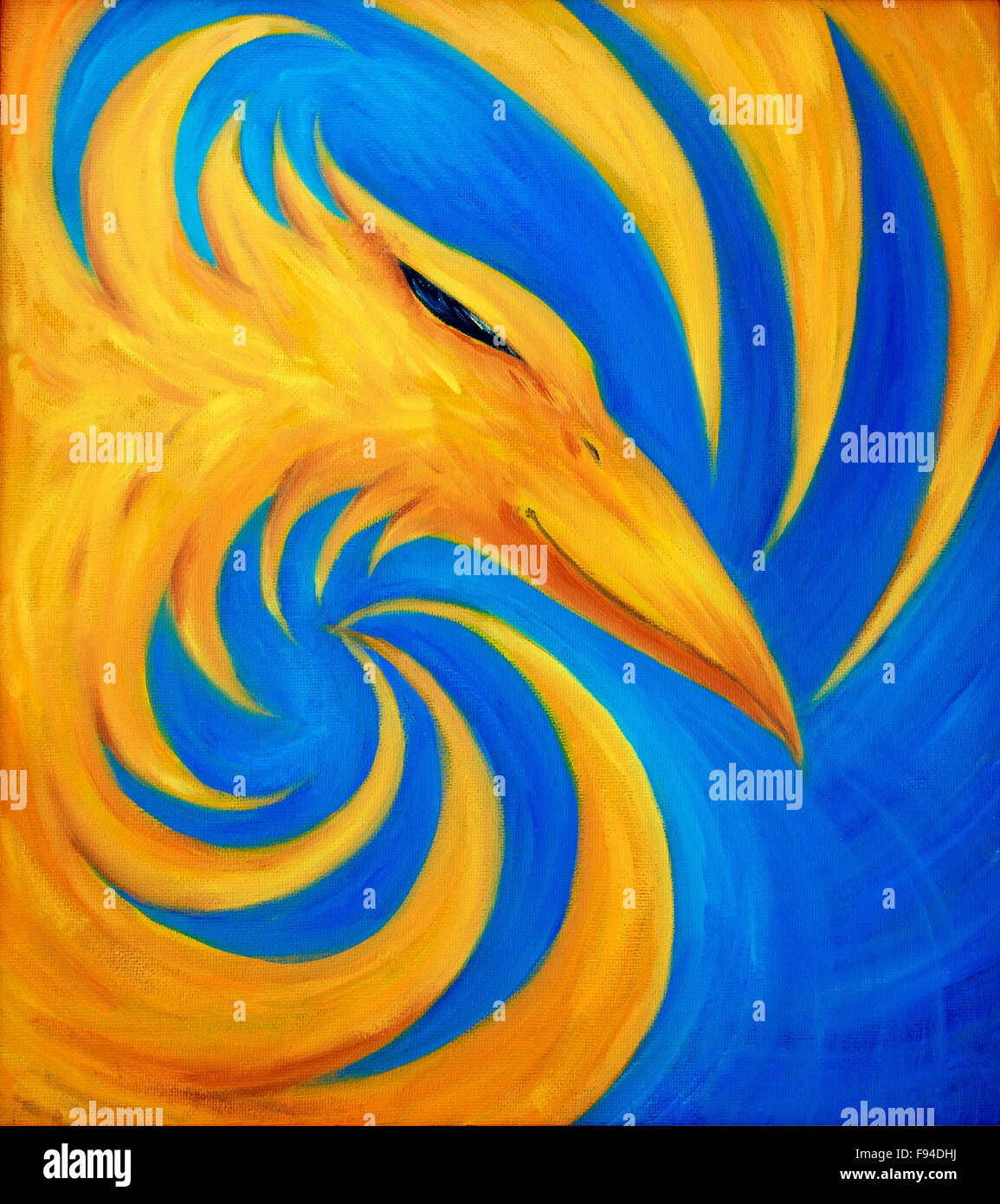Phoenix de feu sur fond bleu, peinture à l'huile originale, couleur jaune Banque D'Images