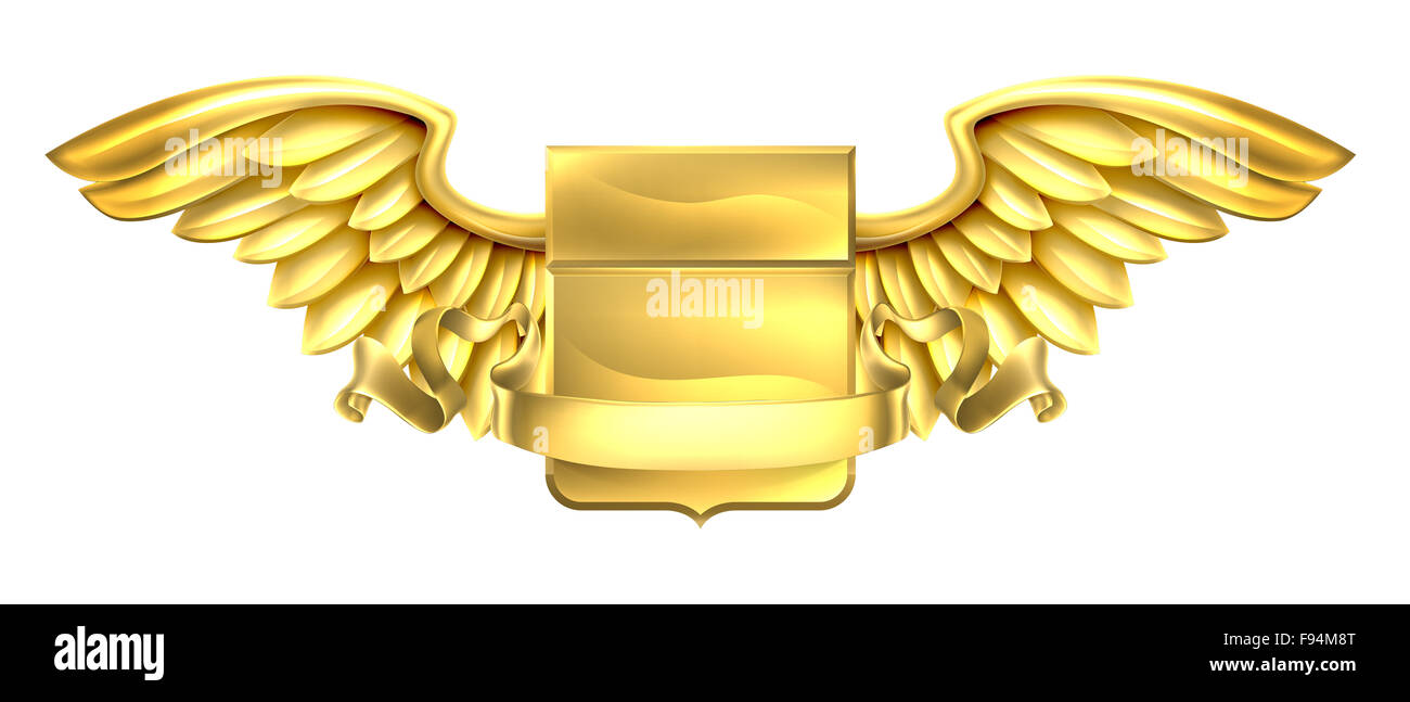 Une protection en métal doré d'or ailé héraldique héraldique blason de conception avec un défilement de bannières Banque D'Images