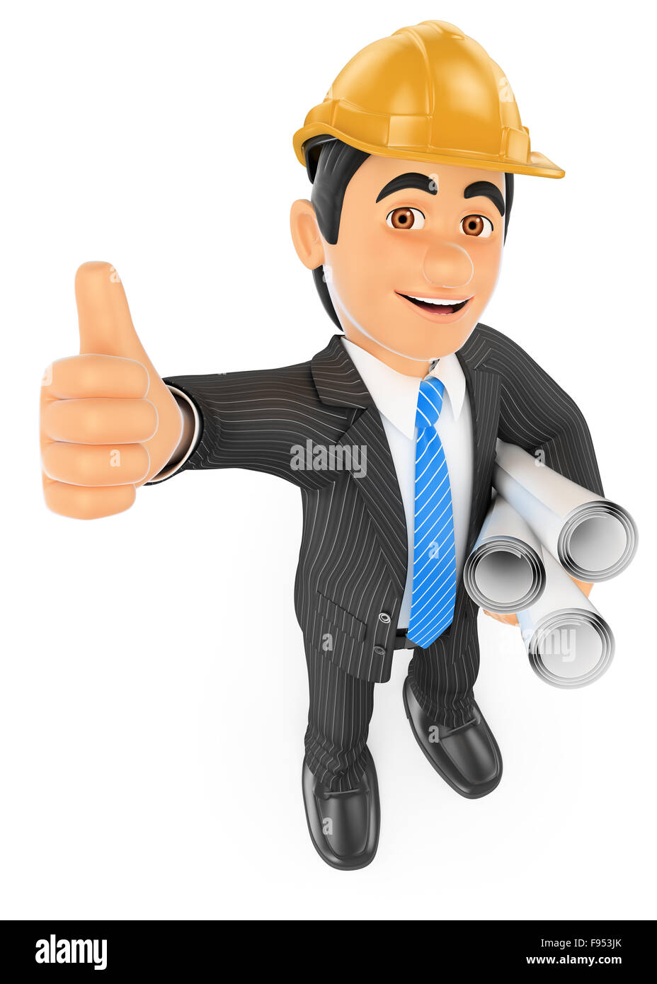 Les gens d'affaires. 3d architecte avec le pouce vers le haut et plans. isolated fond blanc. Banque D'Images