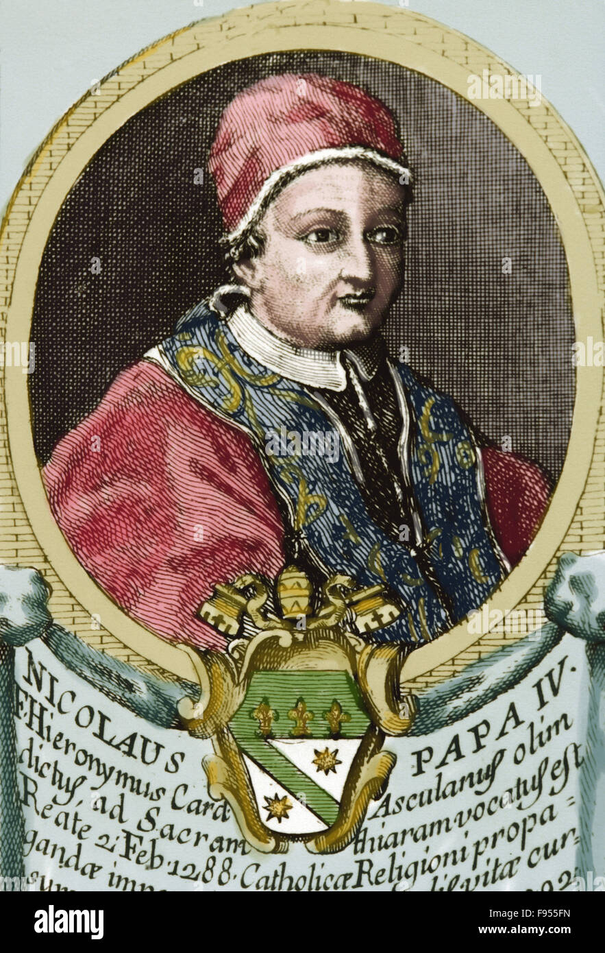 Le pape Nicolas IV (1227-1227). Naissance Girolamo Masci. Le pape à partir de 1288-1292. Portrait. La gravure. De couleur. Banque D'Images