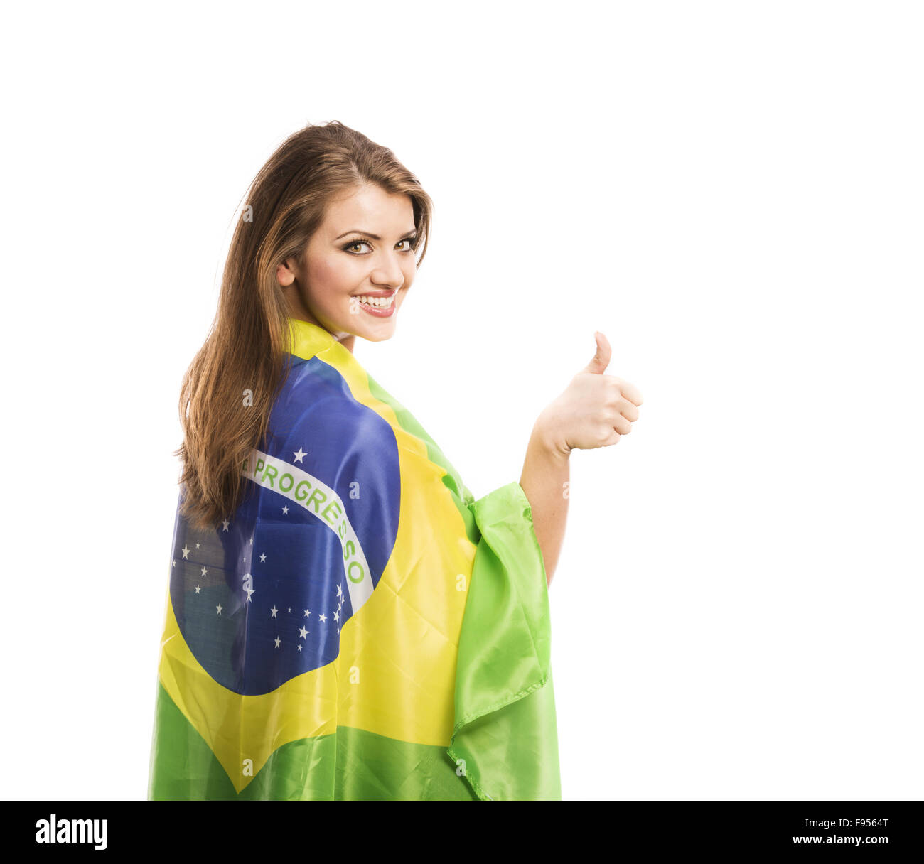 Belle femme fan de sport avec drapeau brésilien isolé sur fond blanc Banque D'Images