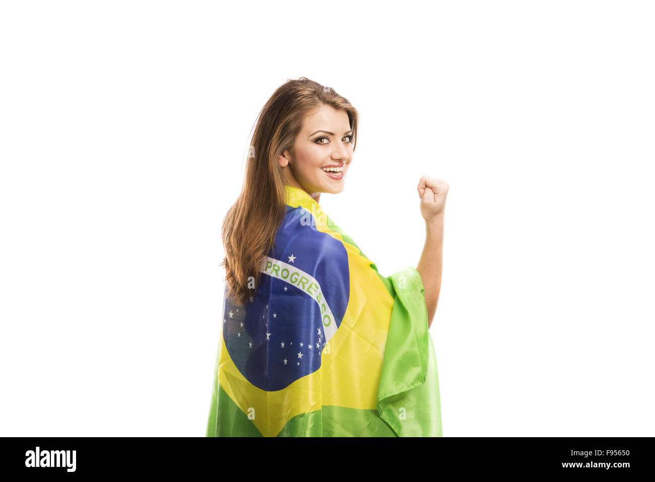 Belle femme fan de sport avec drapeau brésilien isolé sur fond blanc Banque D'Images