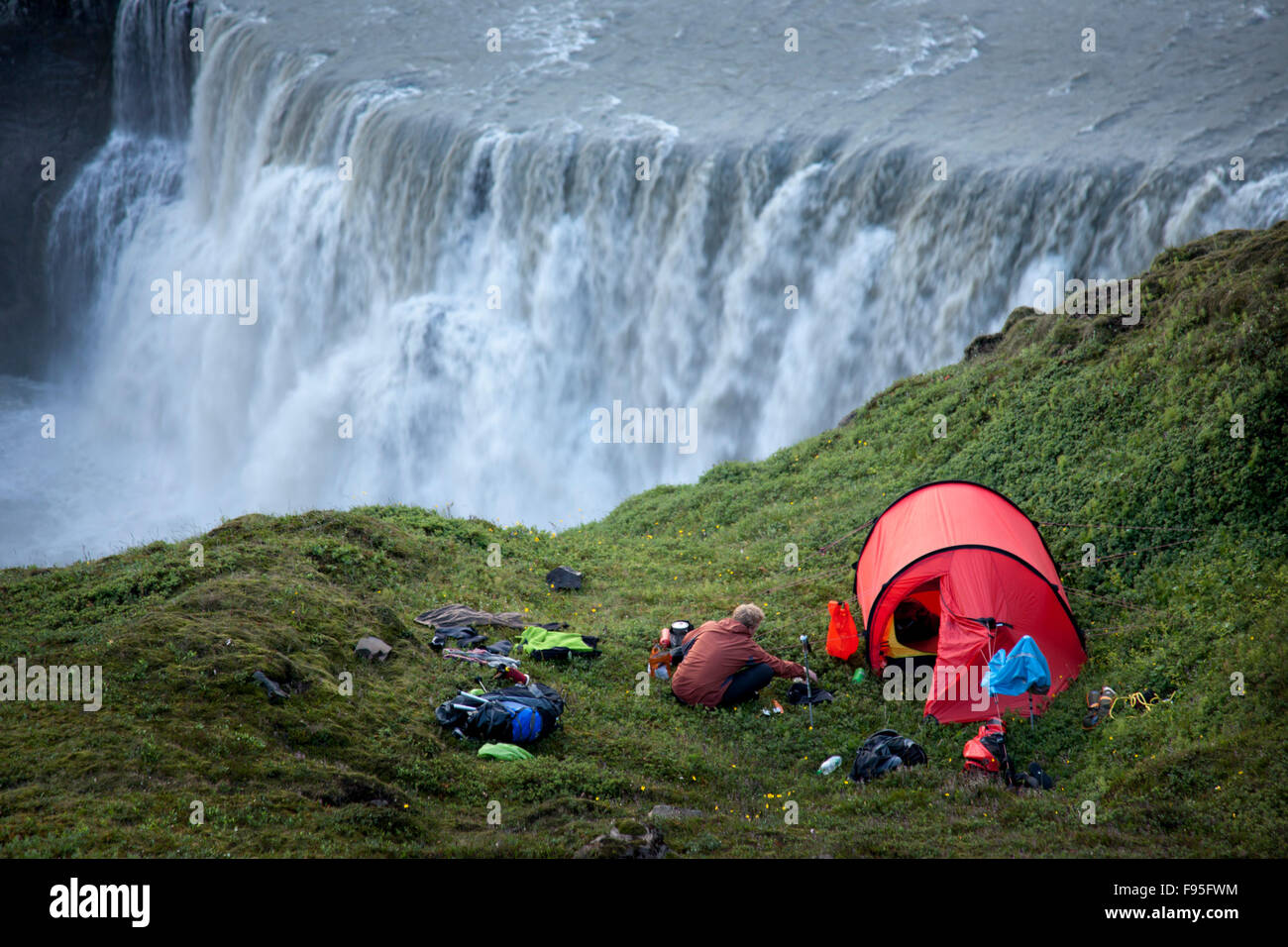 Au-dessus du camp cascades de la rivière Thjorsa (Thjorsa) dans le centre de l'Islande Banque D'Images