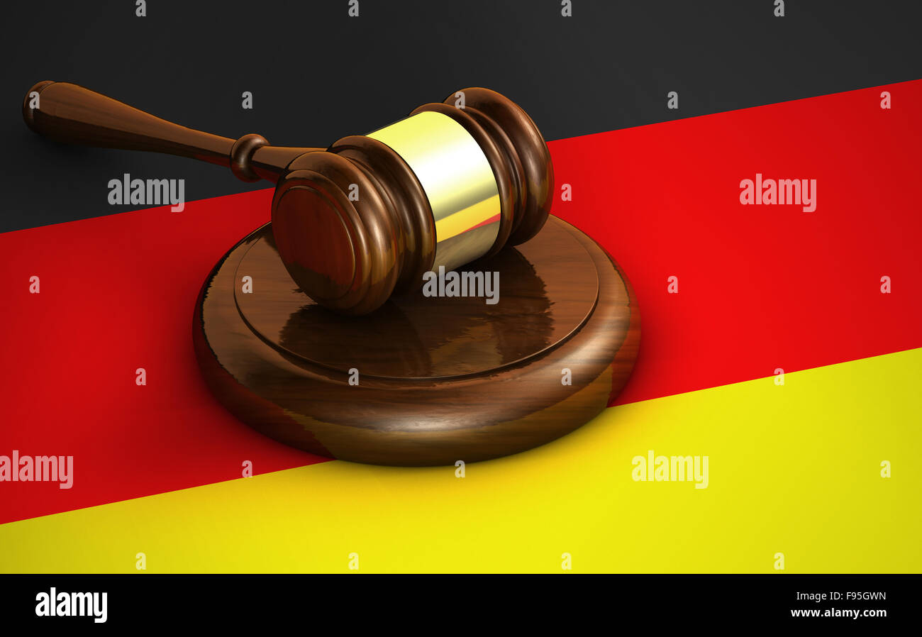 Droit, du système juridique et la justice d'Allemagne concept avec un rendu 3D d'un marteau et le drapeau allemand sur l'arrière-plan. Banque D'Images