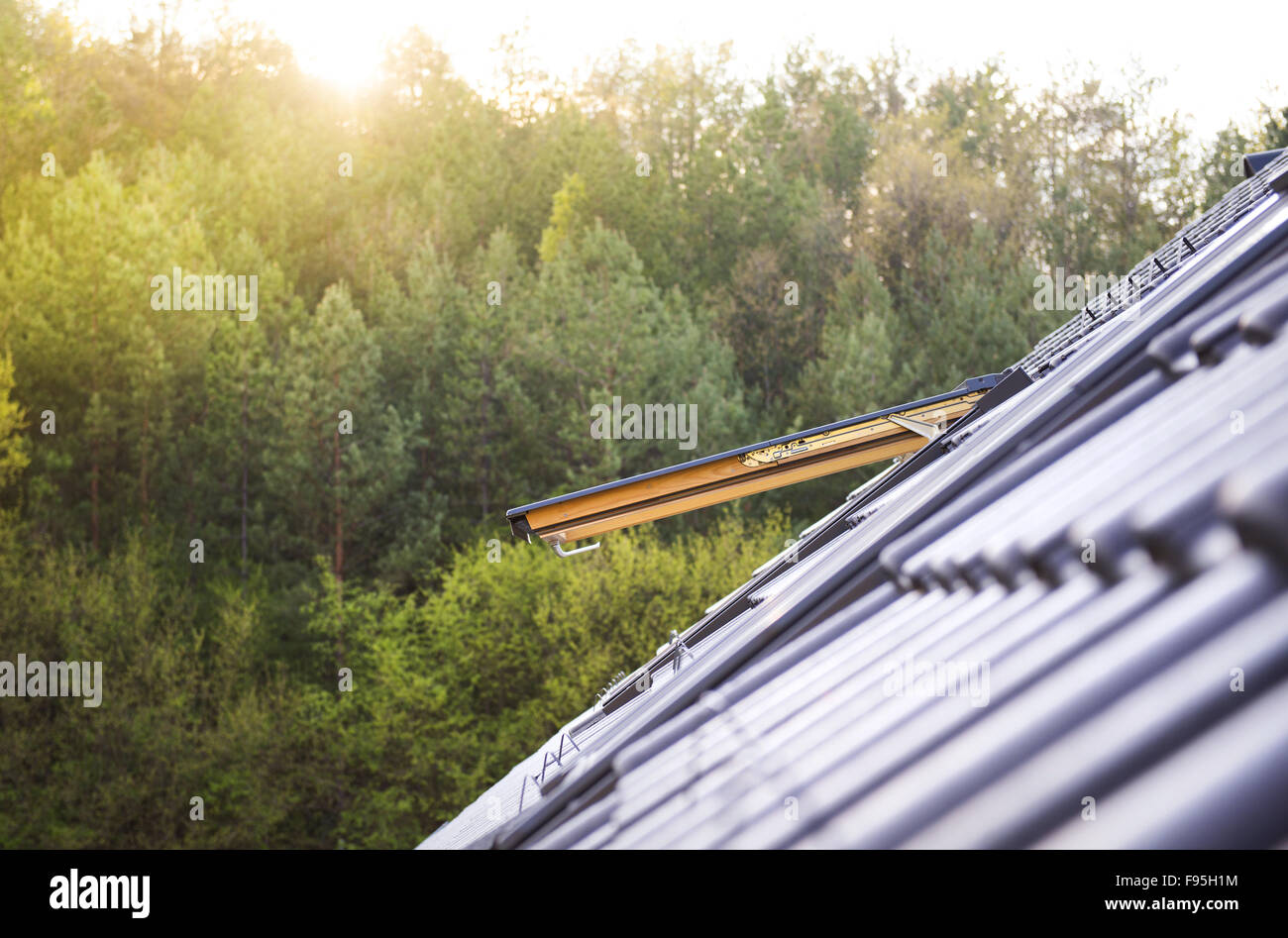 Fenêtre de toit sur un sol carrelé gris toit, grand loft détaillée contexte skylight Banque D'Images