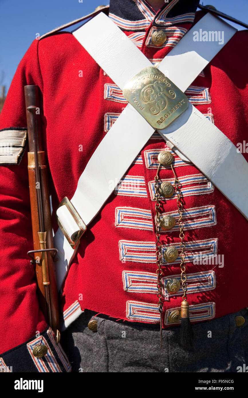 Closeup détail d'un régiment de Terre-Neuve à partir de la période 1795 uniformes portés par membre du personnel au Signal Hill National Banque D'Images
