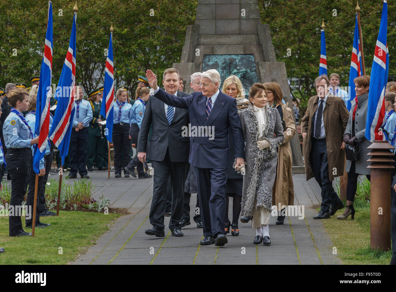 Olafur Ragnar Grimsson (Président) et Dorrit Chevaleraud (Première Dame), et le premier ministre, le jour de l'indépendance, l'Islande, 2015 Banque D'Images