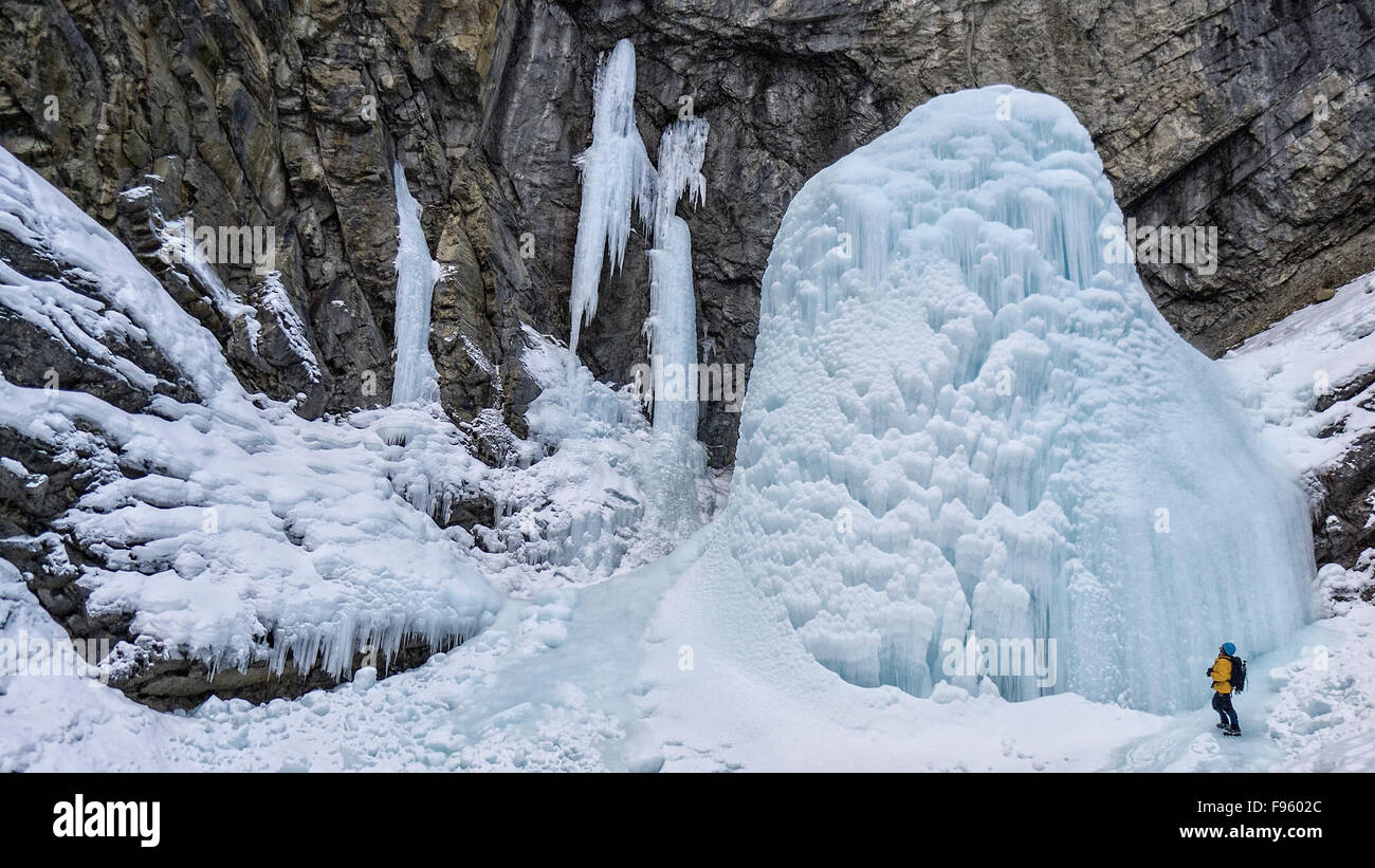 Grimpeur sur glace dans la région des plaines de Kootenay de l'Alberta, Canada Banque D'Images