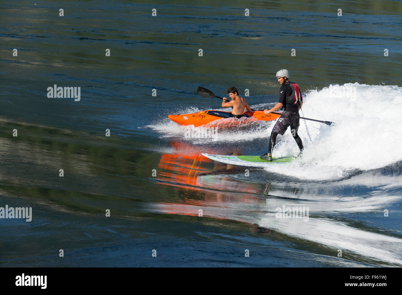 Whitewater kayaker et stand up paddleboarder sur marée montante à Skookumchuck Narrows, Sechelt Inlet, Sunshine Coast ( Banque D'Images