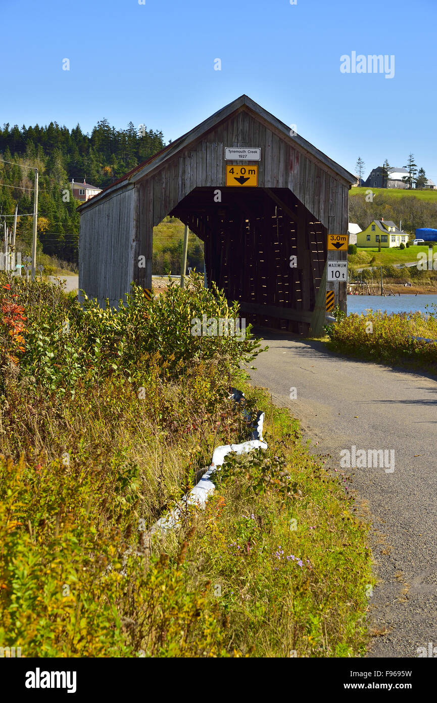 Une image verticale du pont couvert d'une seule voie à Tynmouth Nouveau-brunswick Canada prises sur une claire journée d'automne. Banque D'Images