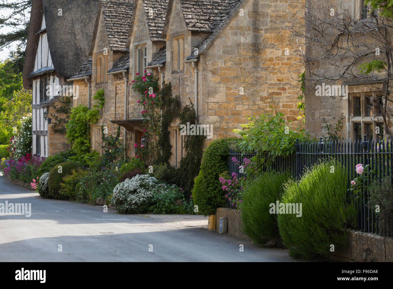 L'été coloré de fleurs et maisons en pierre fine line une rue calme dans le village de Cotswolds, Gloucestershire, Angleterre Stanton Banque D'Images