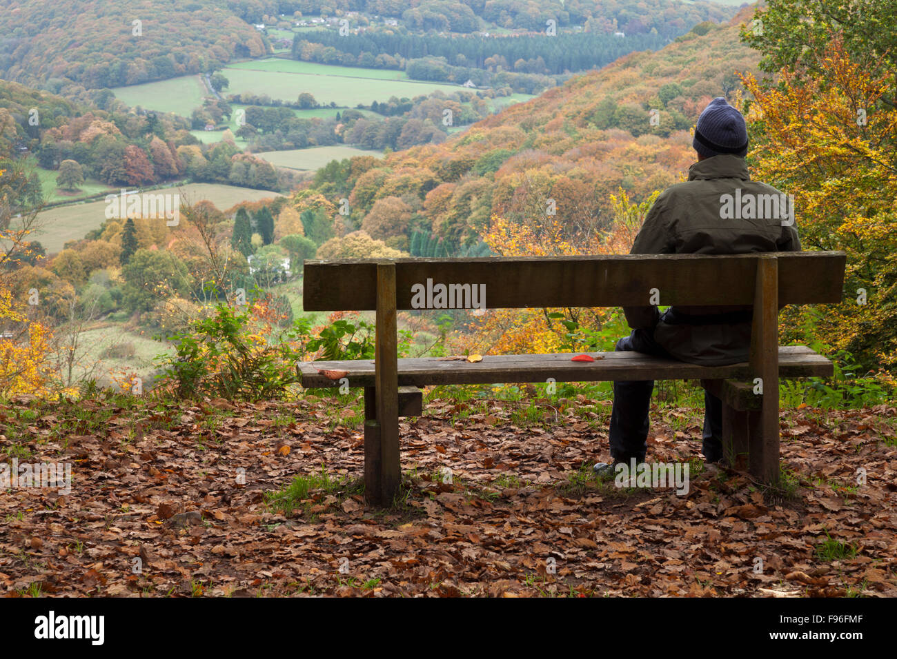 Un mâle adulte dans l'équipement de plein air s'assit sur un banc en bois surplombant la vallée de la Wye en automne près de Llandogo, Momouthshire, Pays de Galles, Royaume-Uni Banque D'Images