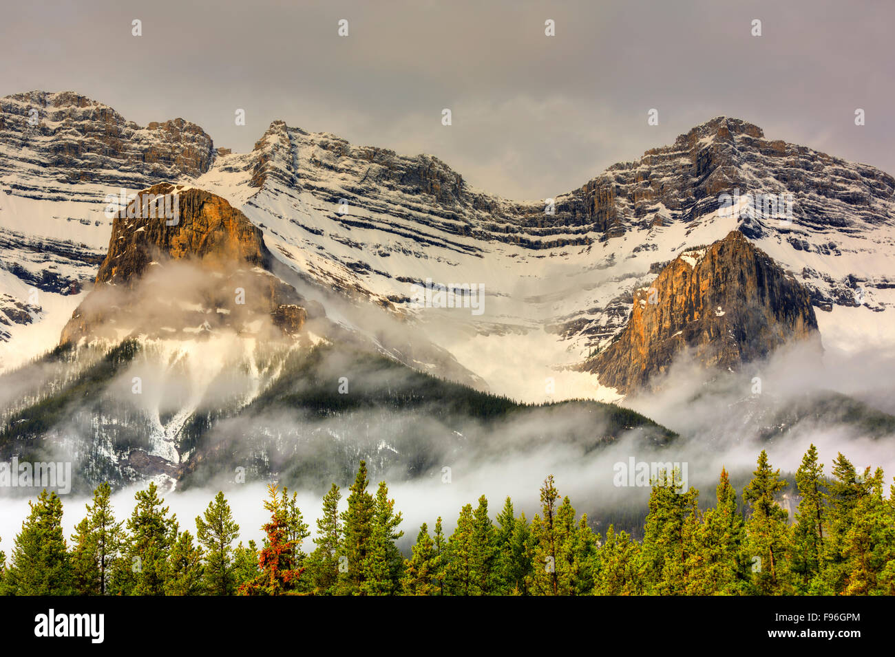 Recouvert de neige et brouillard enveloppé le mont Rundle montagnes, Banff National Park, Alberta, Canada Banque D'Images