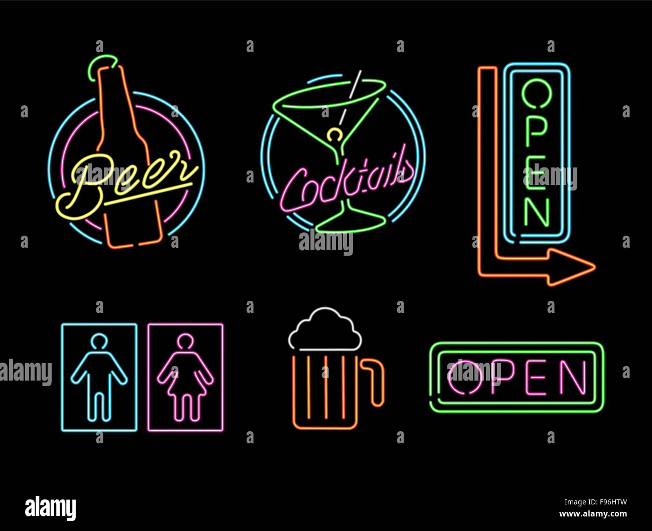 Ensemble de style retro neon light sign contour des icônes pour bar, bière, open business, cocktail et une salle de bains privative. Vecteur EPS10. Illustration de Vecteur